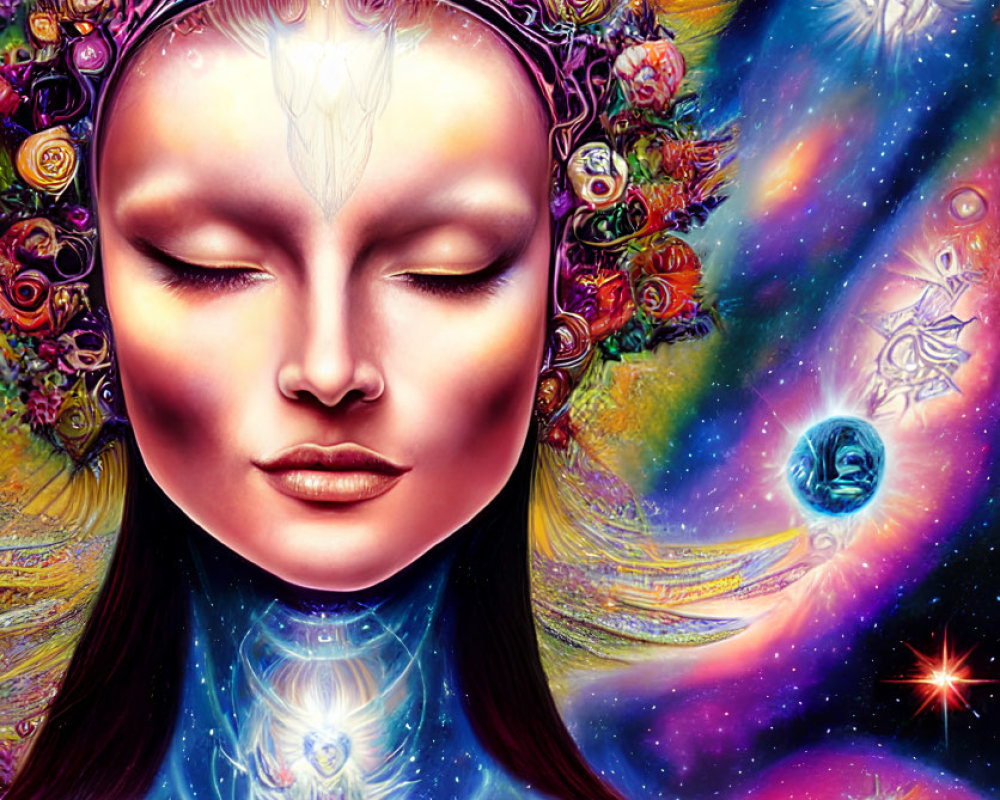 Surreal woman's face art with cosmic elements and vibrant colors