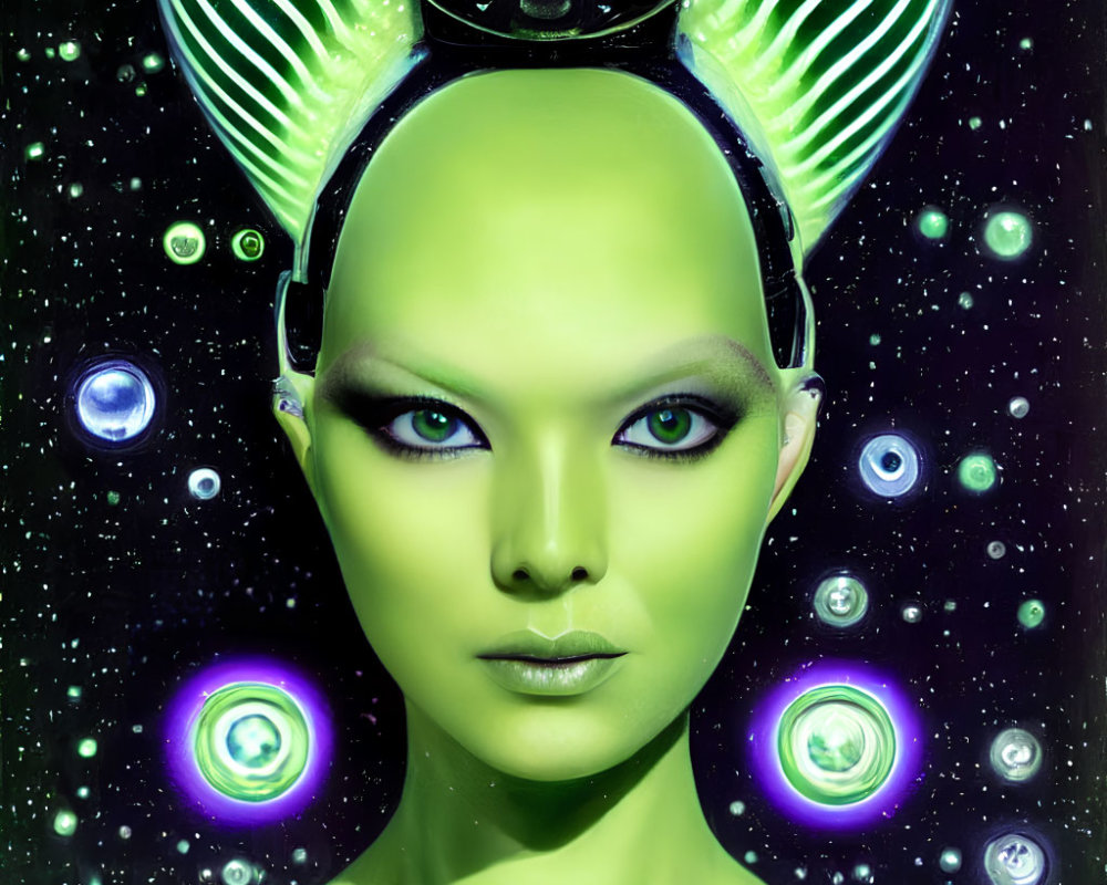 Green-skinned humanoid with futuristic headgear in cosmic setting