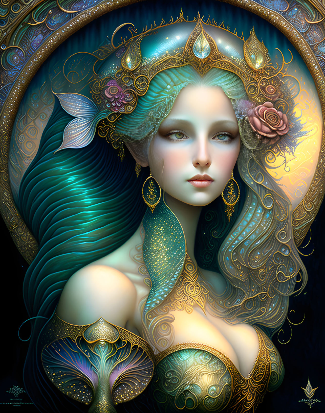 Ethereal artwork of a mermaid-like woman with golden jewelry and crown surrounded by Art Nouveau