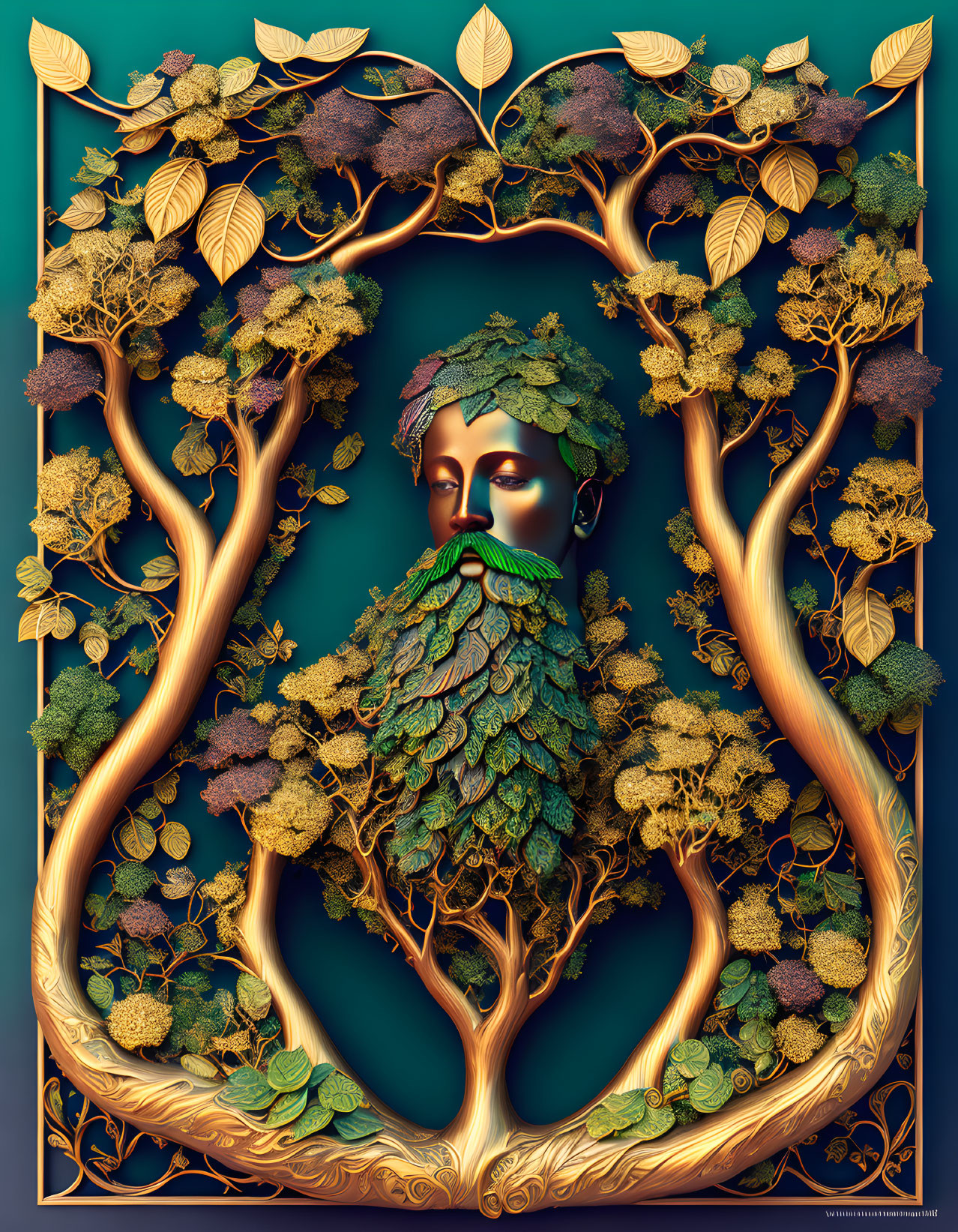 Surreal artwork featuring face with tree beard and leafy hair amid twisting branches and lush foliage on