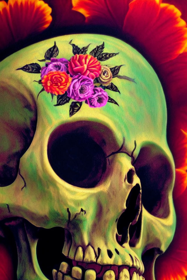 Colorful Flower Skull Illustration on Dark Red Background