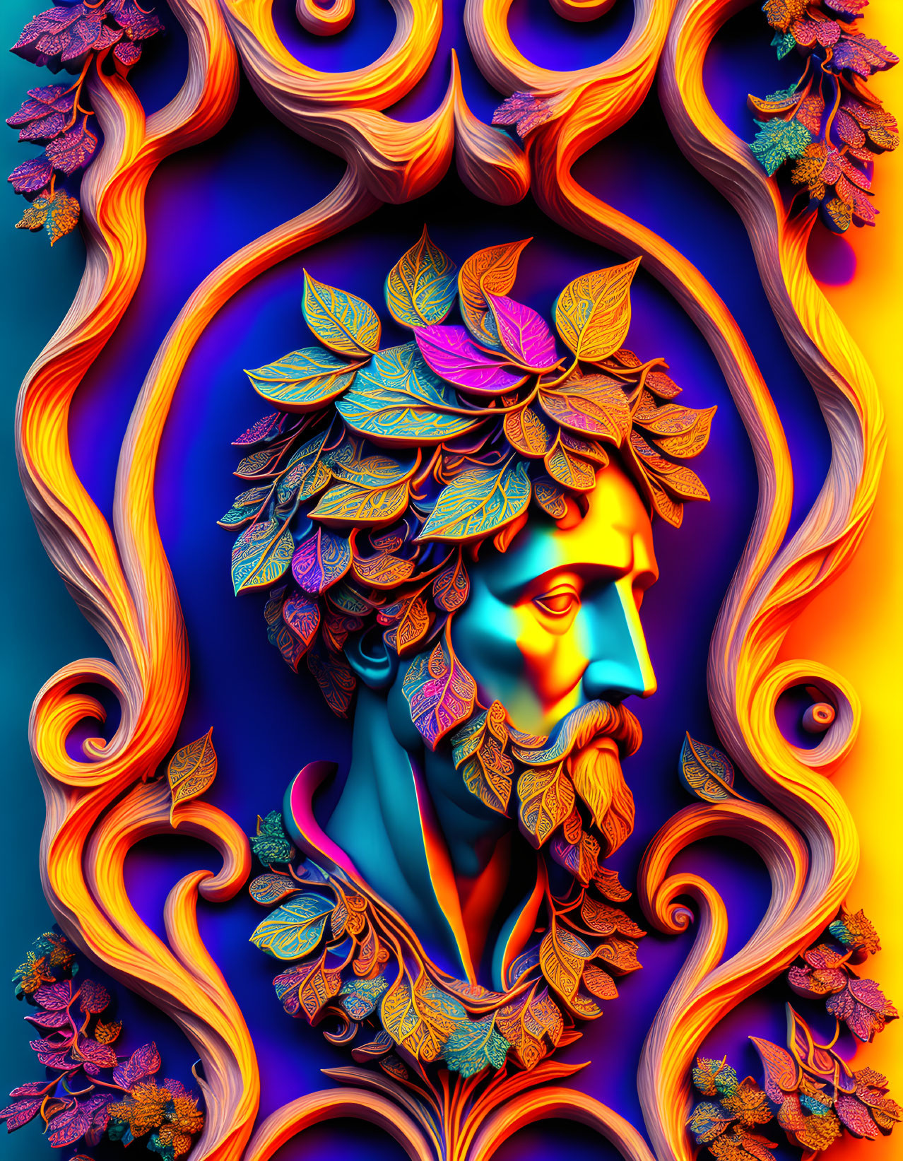 Colorful digital artwork of sculptural male face with leafy motifs in iridescent colors