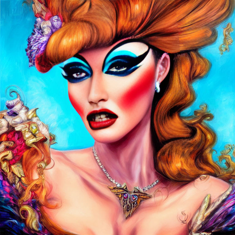 Vibrant portrait of a person with exaggerated makeup and ornate hairstyle