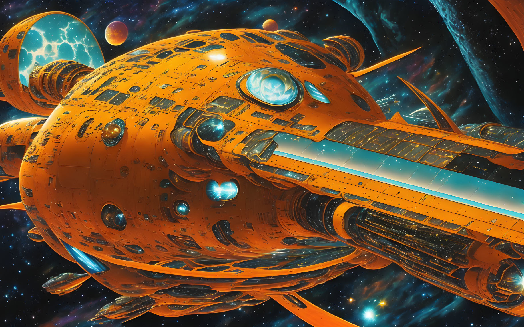 Colorful digital artwork: Orange spaceship in starry space