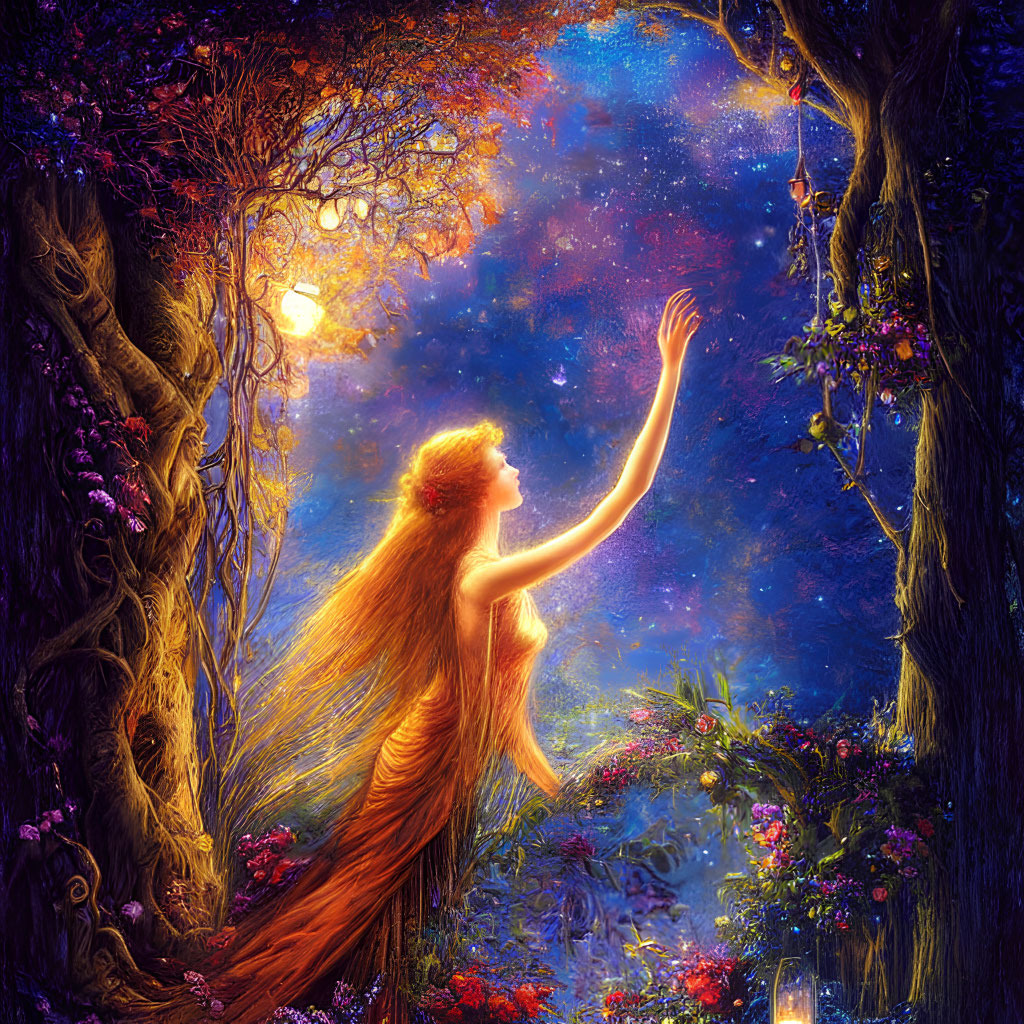 Woman with flowing hair in enchanted forest under starry sky