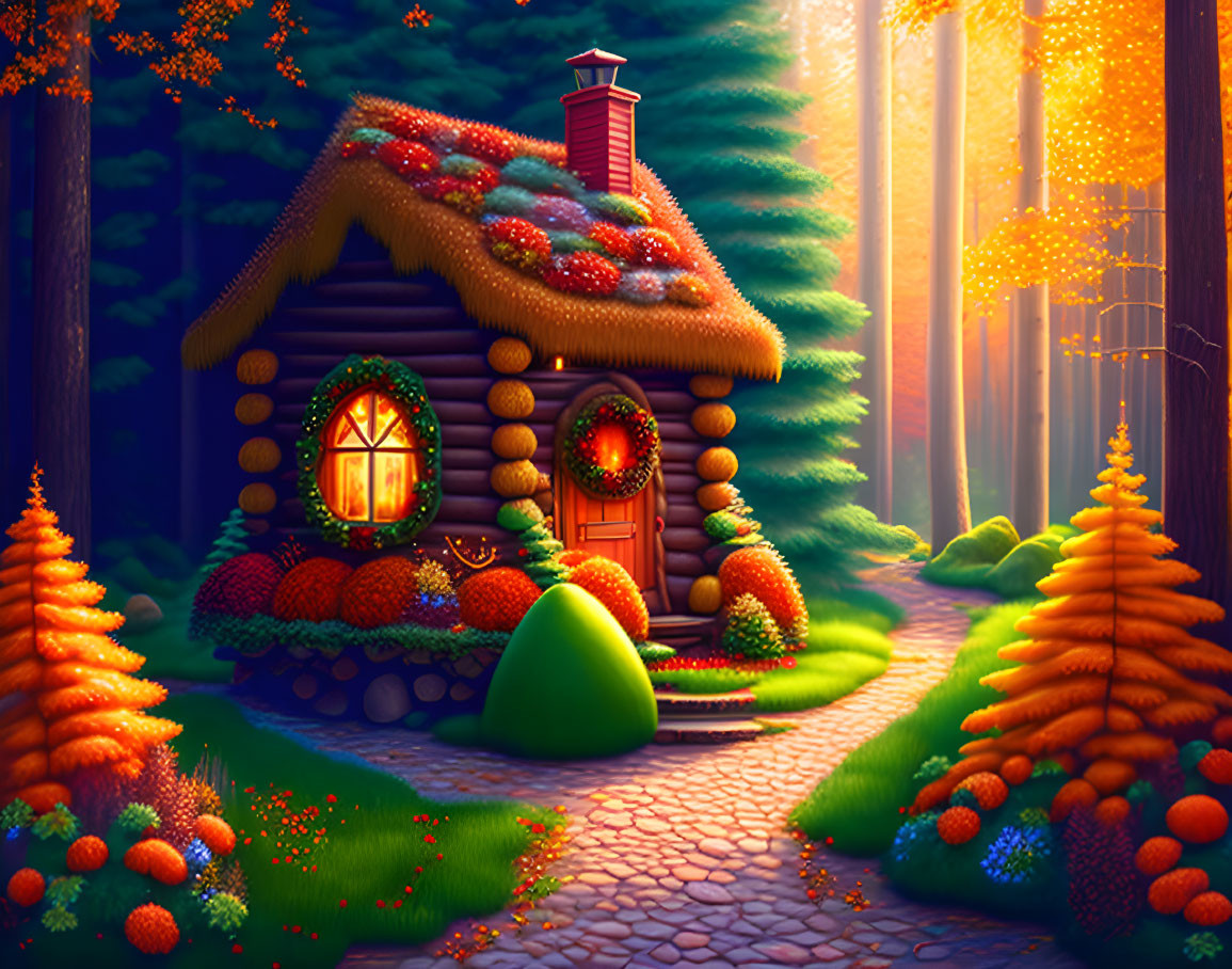 Cozy log cottage with red roof in magical forest setting