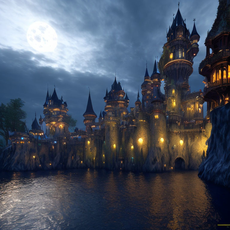 Majestic fairy-tale castle on rugged cliff at night