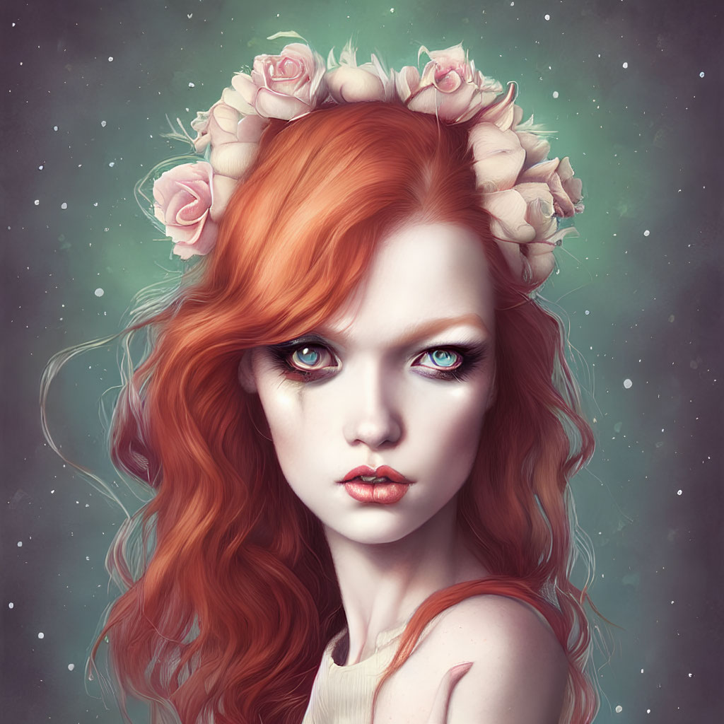 Digital portrait of a woman with red hair and pink rose crown on starry background