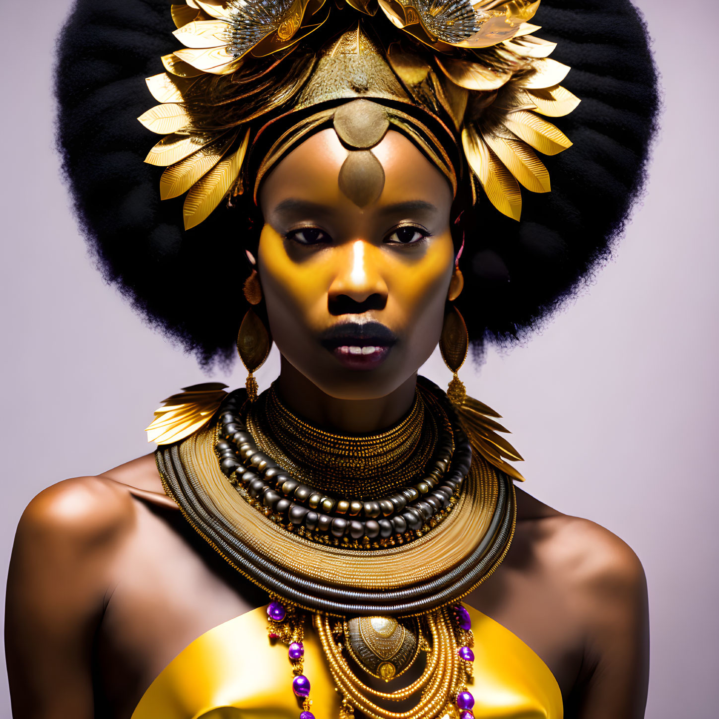 Elaborate golden headdress and vibrant yellow garment on woman against purple background