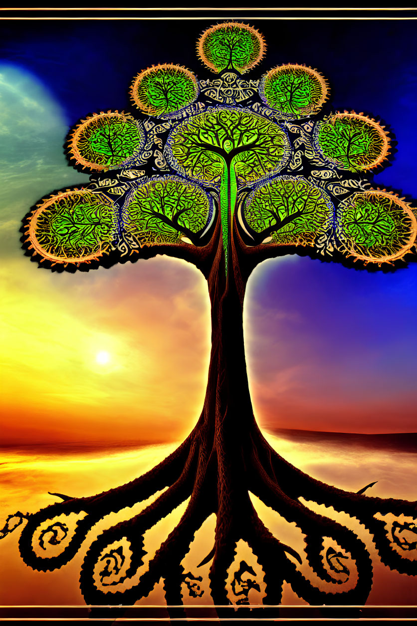 Colorful digital artwork: Tree with Celtic patterns under sunset sky