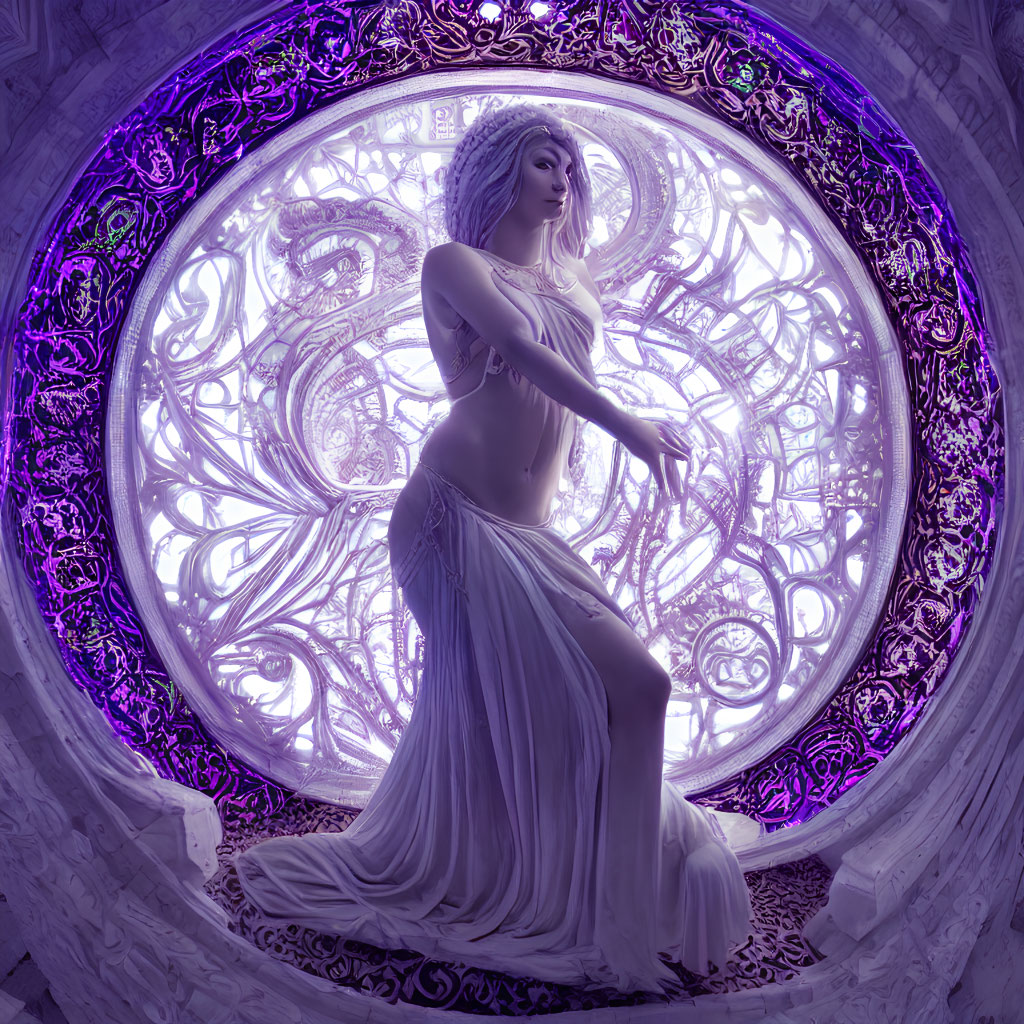 Serene woman in white attire by purple stained glass window