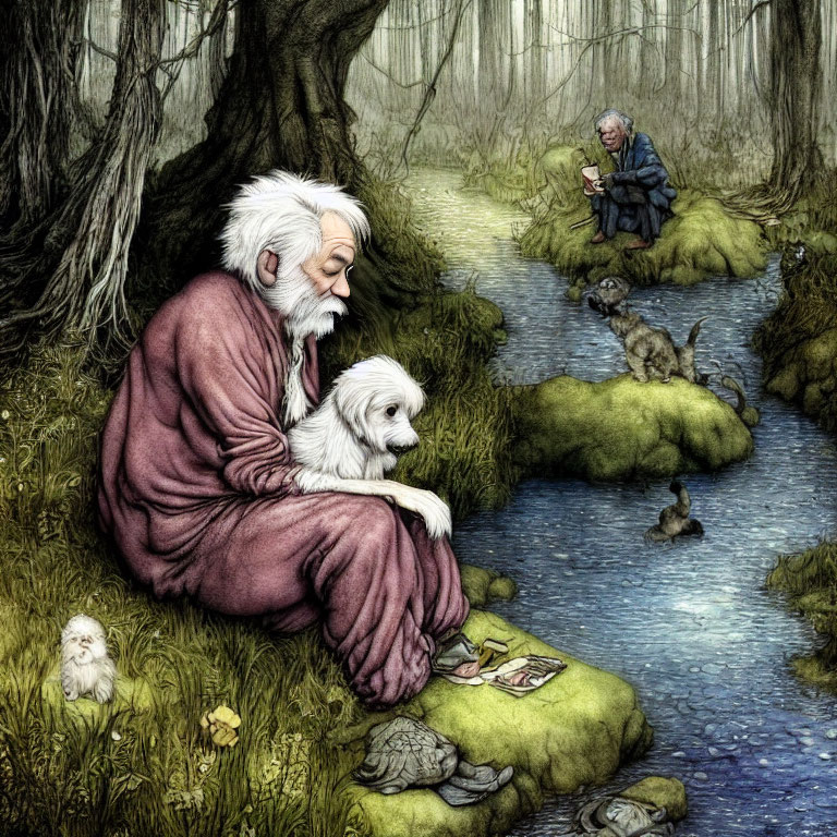 Elderly men in mystical forest with creatures, one reading, the other with dog