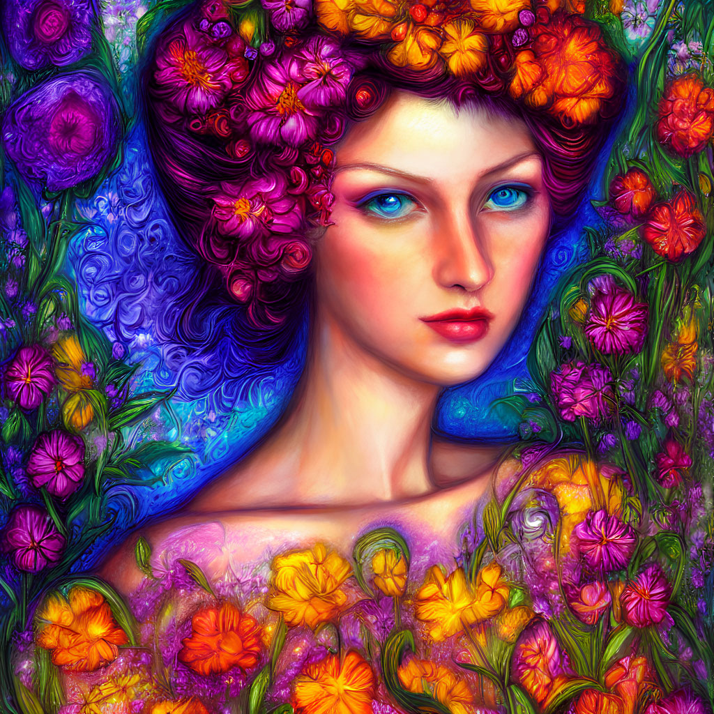 Woman with Blue Eyes Surrounded by Multicolored Flowers on Floral Background