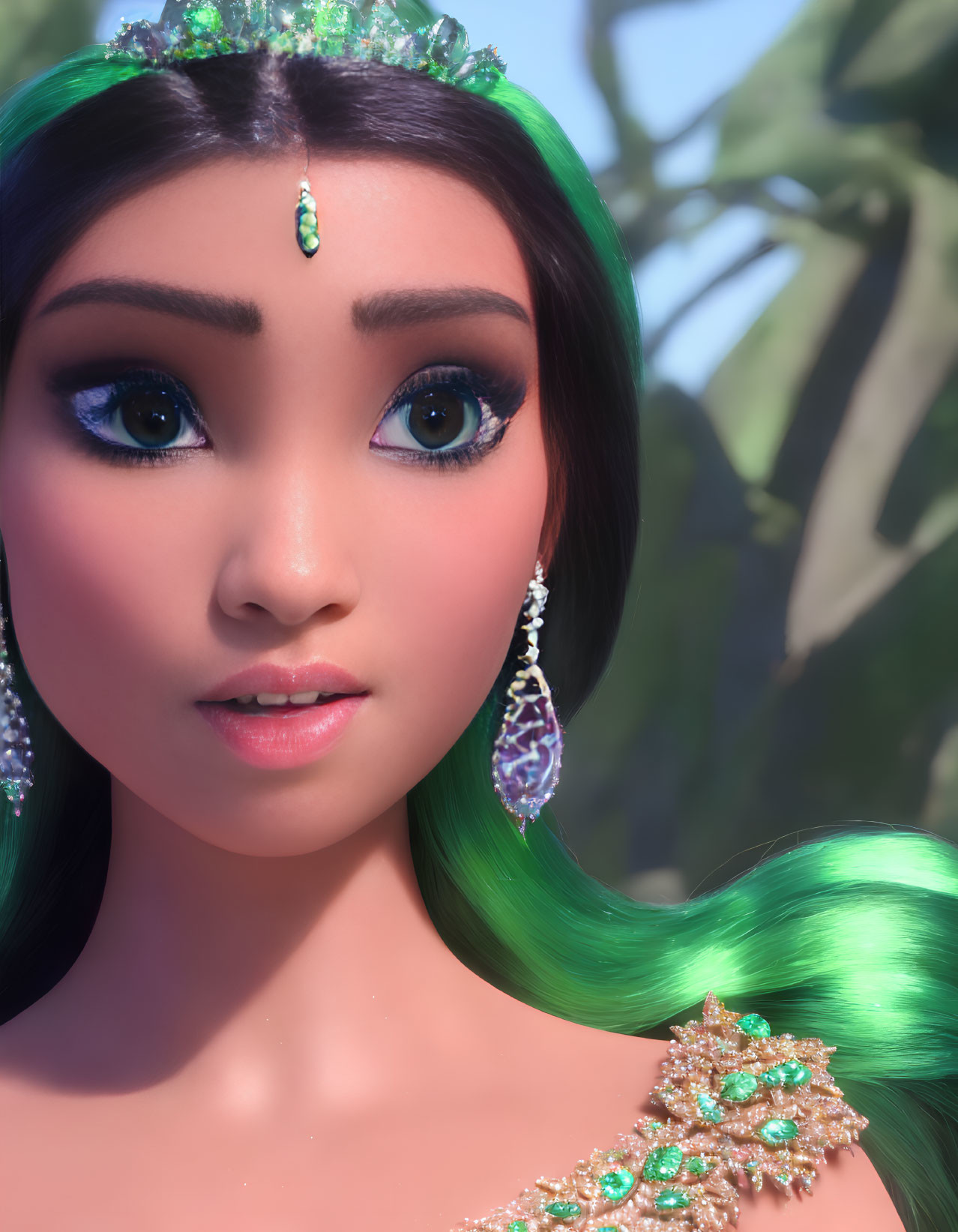 3D-rendered female figure with blue eyes, gemstone jewelry, and green hair