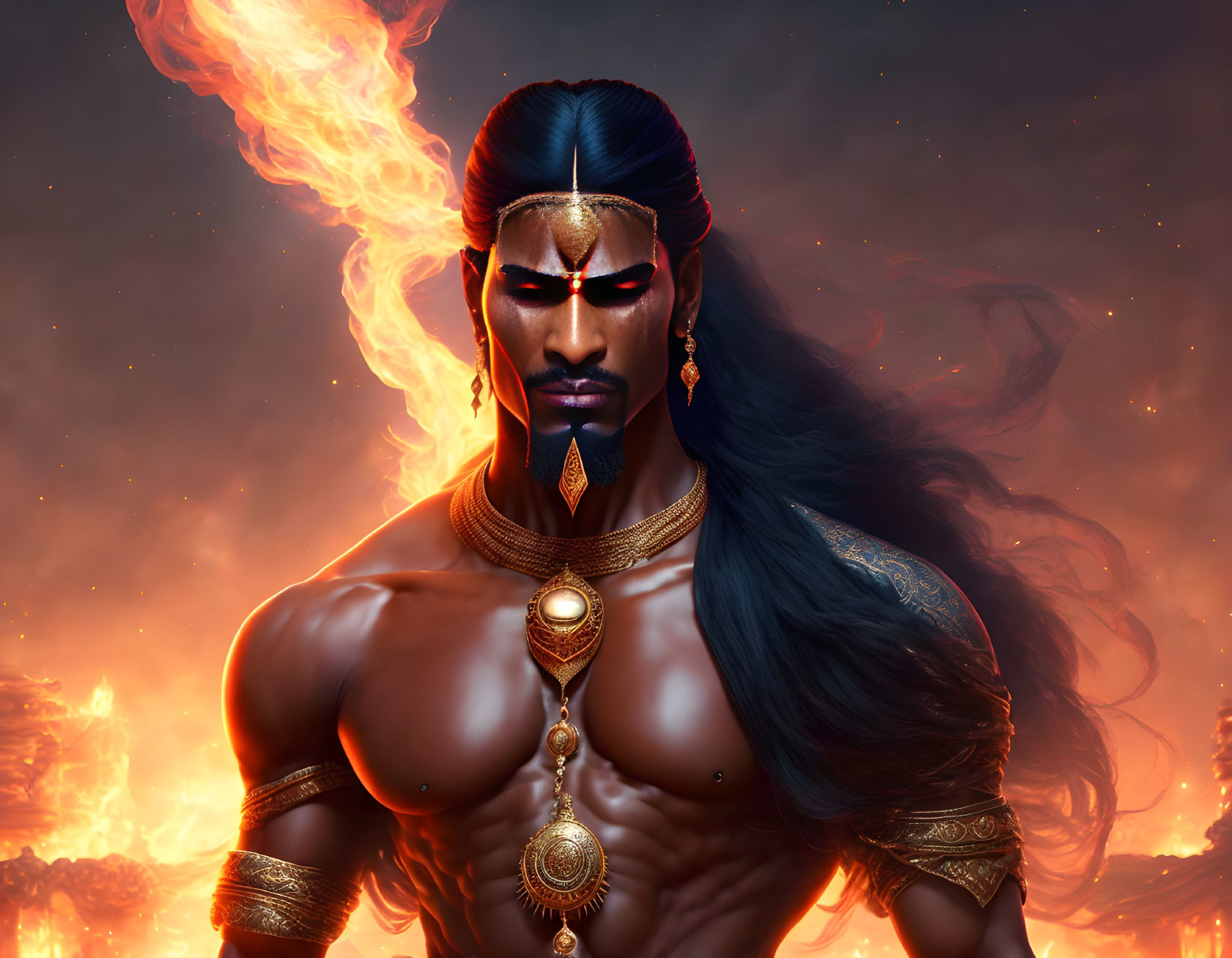 Mythical warrior with crown and jewelry in fiery setting