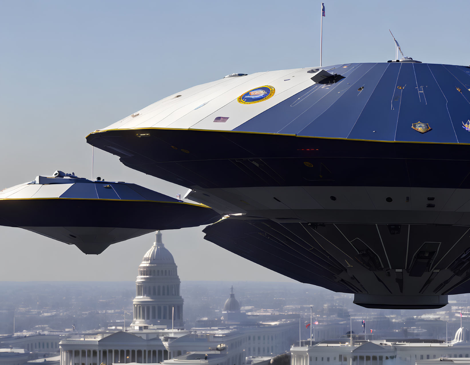 Futuristic spaceships hover over US Capitol in science fiction scene