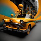 Colorful surreal illustration: Yellow car, swirls, orbs, butterfly