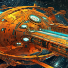 Colorful digital artwork: Orange spaceship in starry space