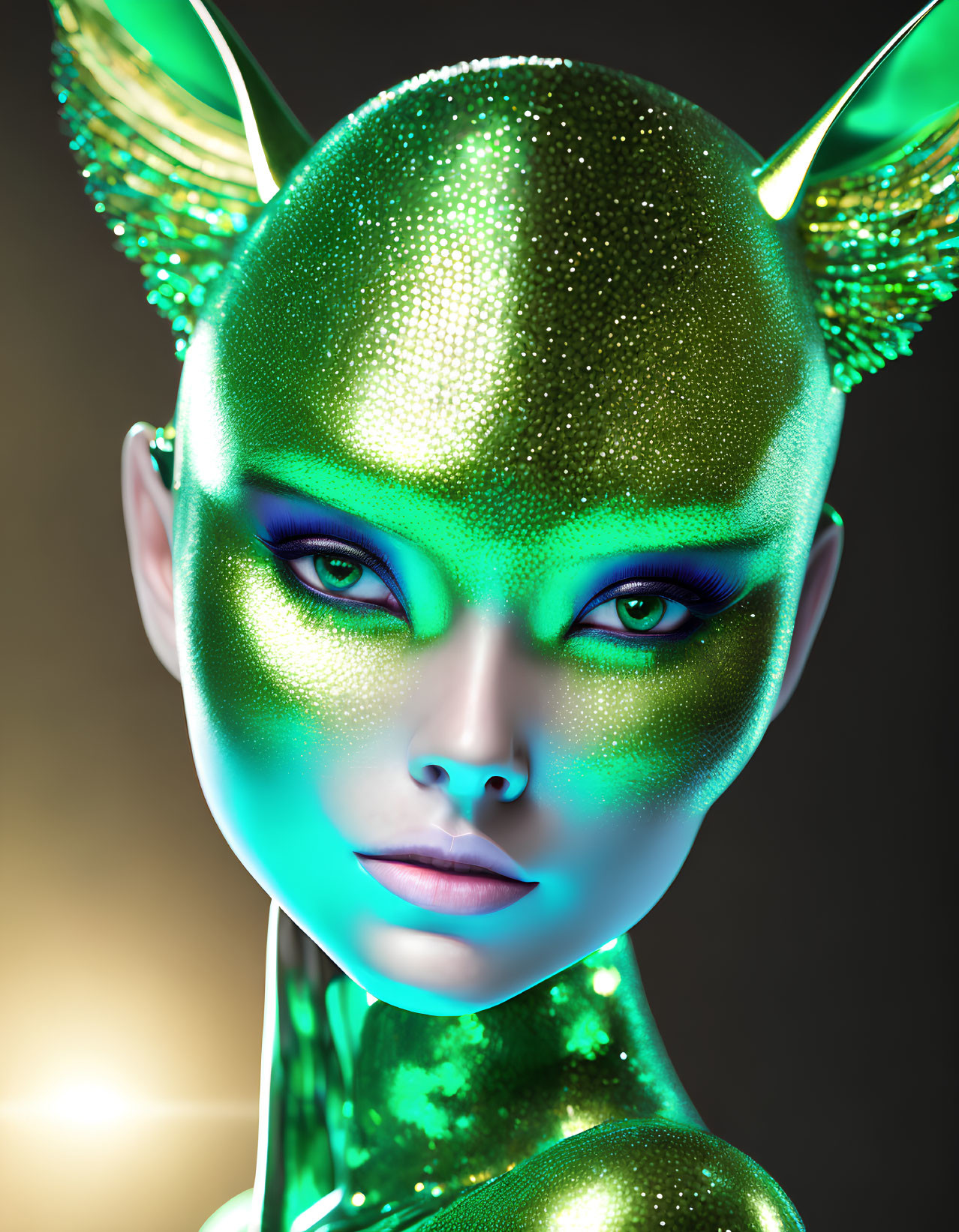 Fantasy alien portrait with green glittery skin and large pointed ears