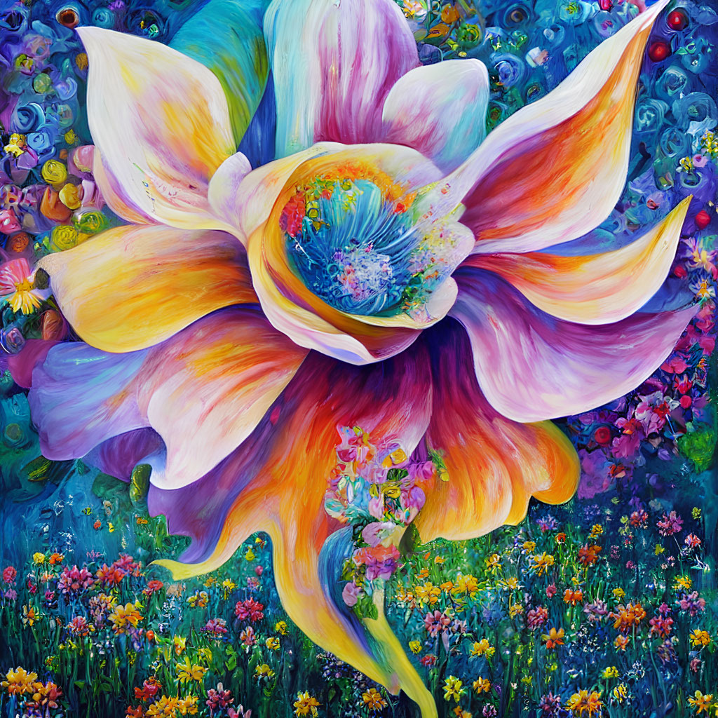 Colorful Surreal Flower Painting with Swirling Petals in Pastel Tones