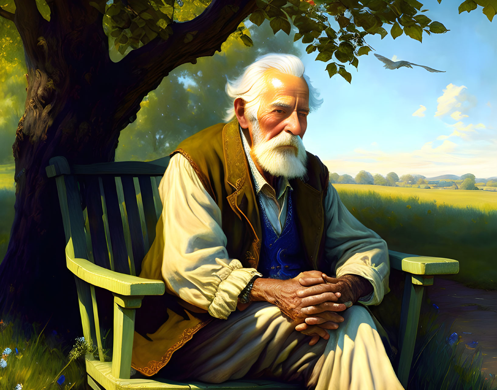 Elderly man with white beard sitting on wooden bench in serene landscape