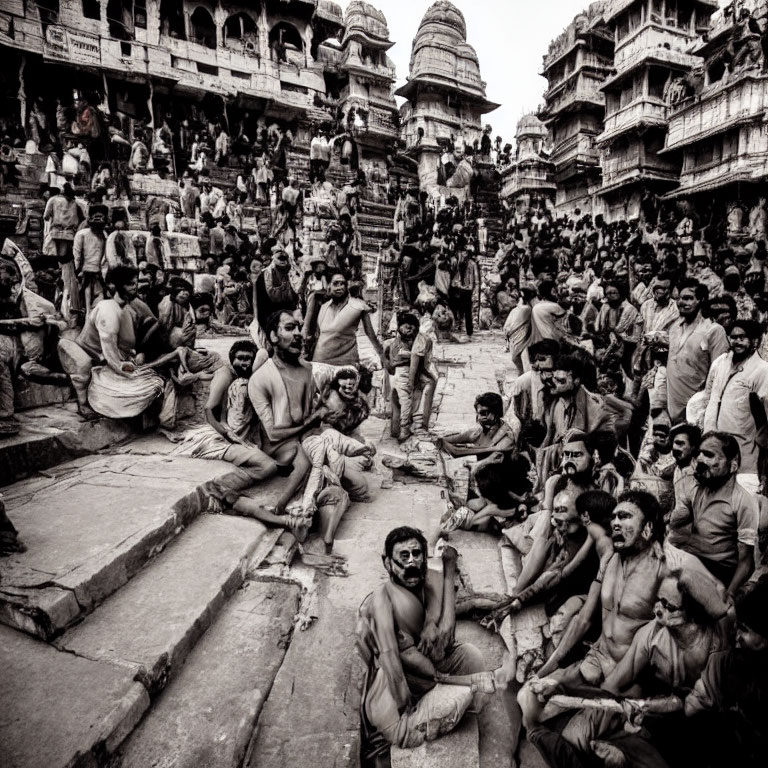 Crowded scene on ancient stone steps with ornate buildings in background