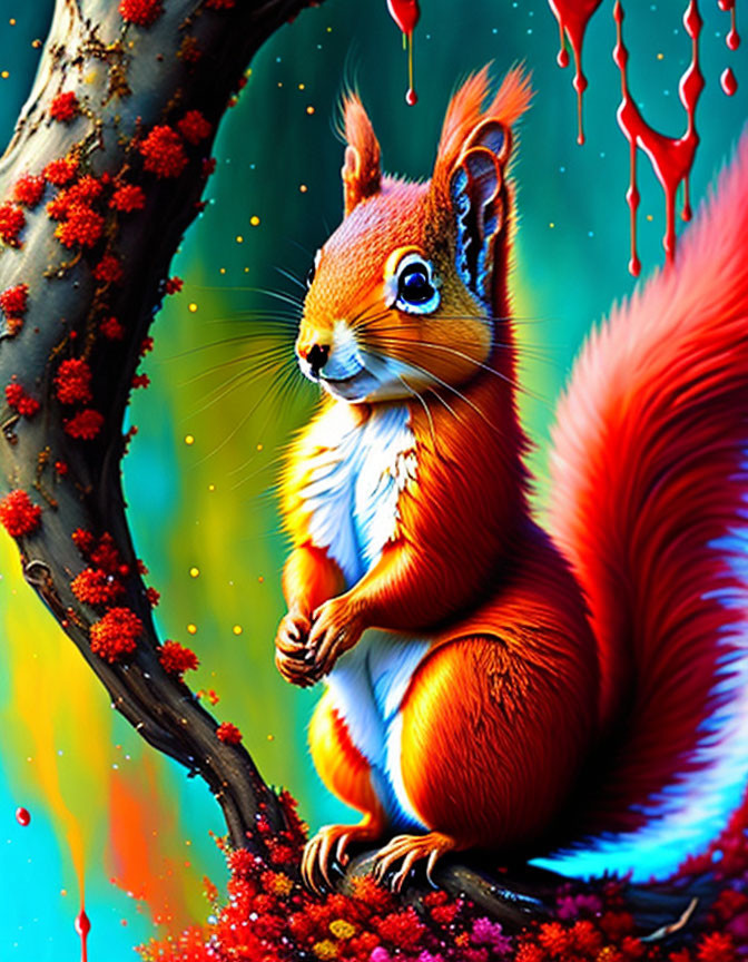 Colorful Digital Art: Red Squirrel on Tree with Berries and Paint Drips