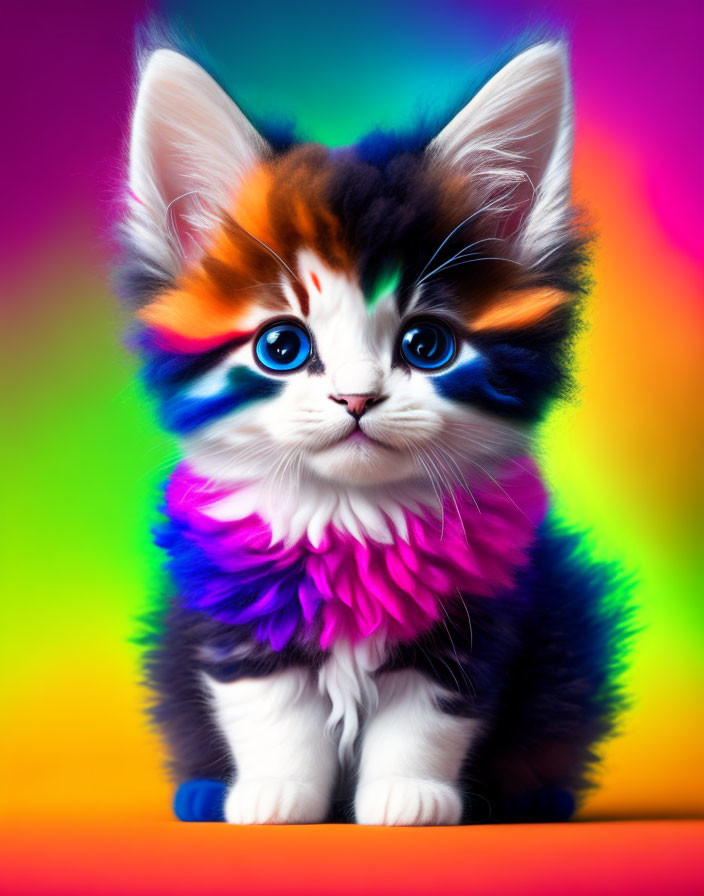 Digitally altered image of a colorful kitten with oversized blue eyes on rainbow gradient background