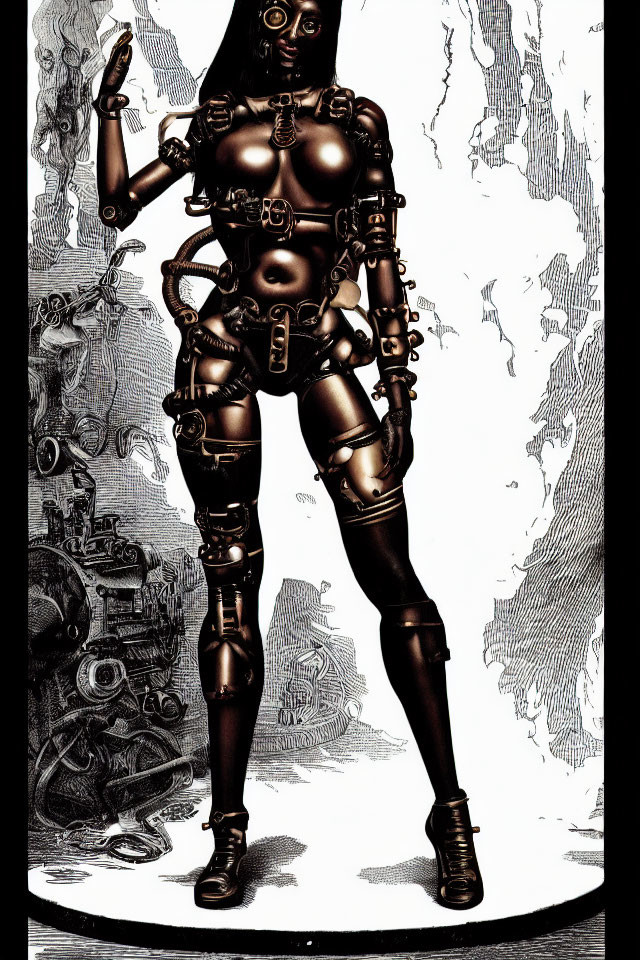 Detailed Mechanical Suit Worn by Humanoid Figure on Etched Background