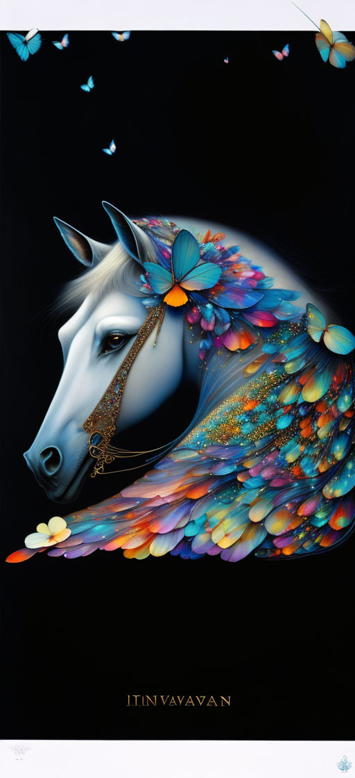 White unicorn with butterfly wings on black background