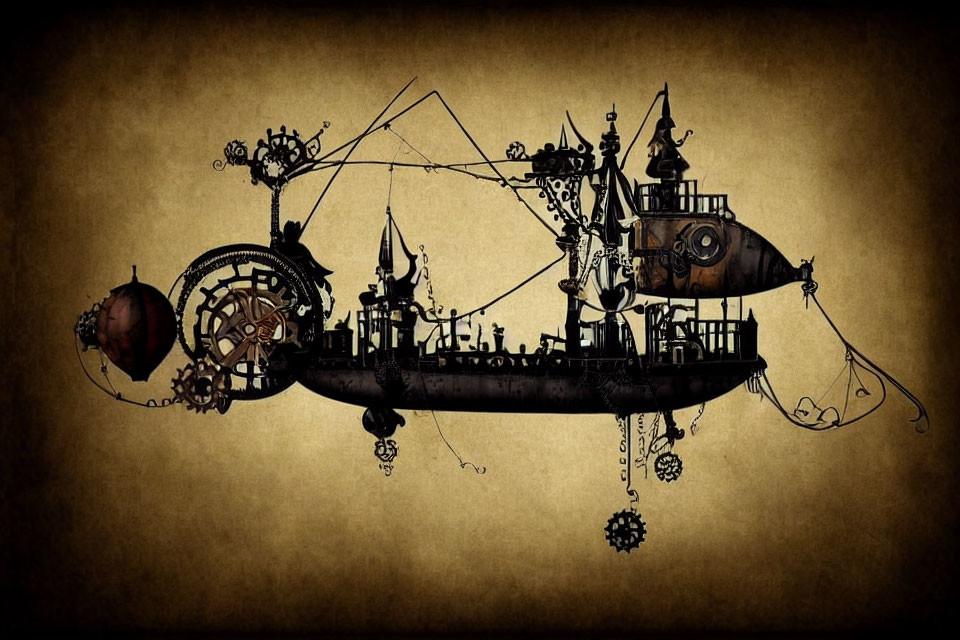 Steampunk-style airship illustration with gears and cogs