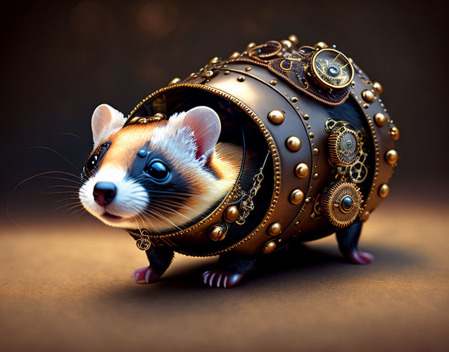 Steampunk-style ferret artwork in ornate mechanical sphere