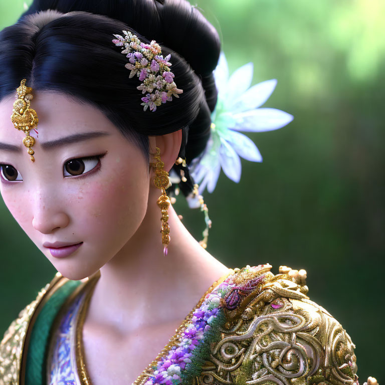 Detailed 3D render: Woman in Asian attire with gold jewelry and floral hair accessories