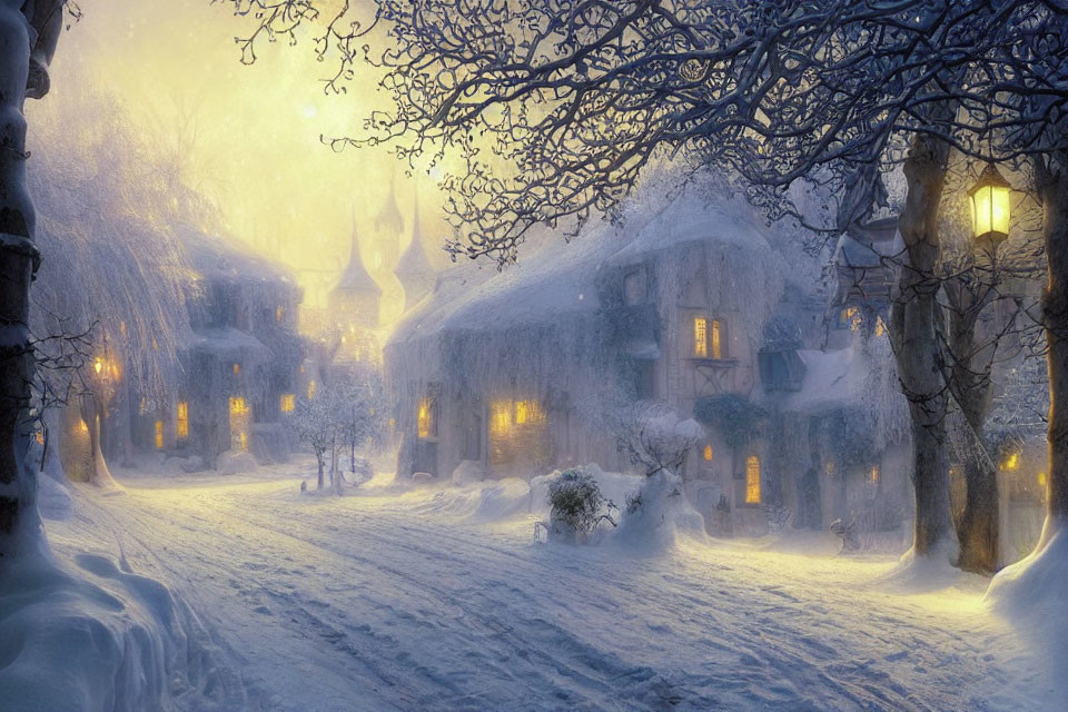 Snowy village scene at dusk: glowing windows, snow-covered houses, bare tree branches