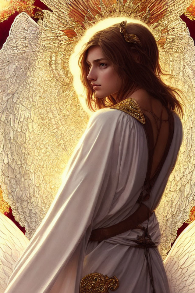 Angel wings, golden halo, white robe: serene figure in radiant background