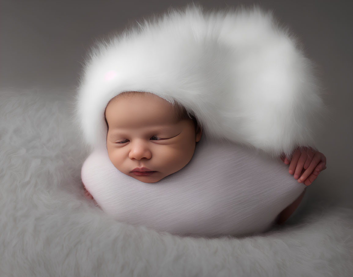 Newborn baby swaddled in pink blanket on fluffy surface