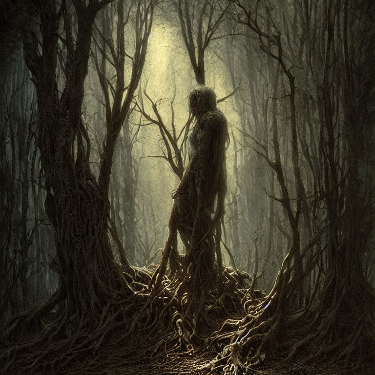 Eerie figure with long hair in haunting forest scene