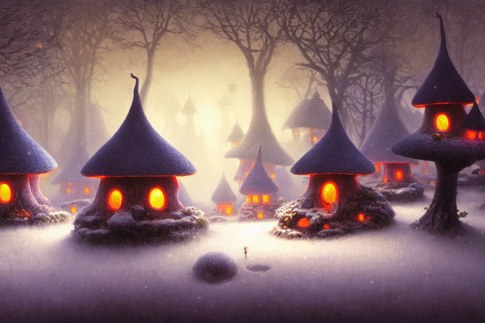 Twilight scene: Mushroom-shaped houses in snowy forest with solitary figure