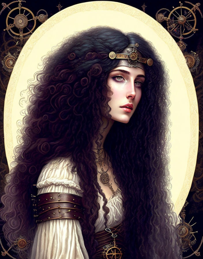 Curly-haired woman in medieval attire against golden backdrop