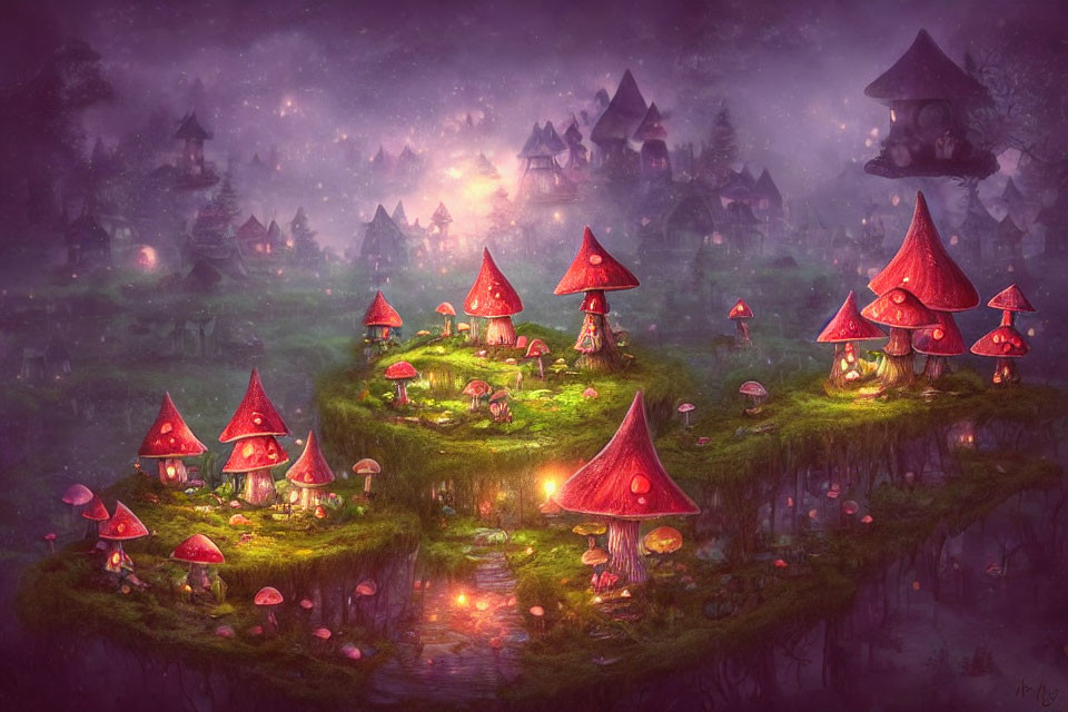 Fantasy landscape with red-capped mushrooms, floating islands, and twilight sky