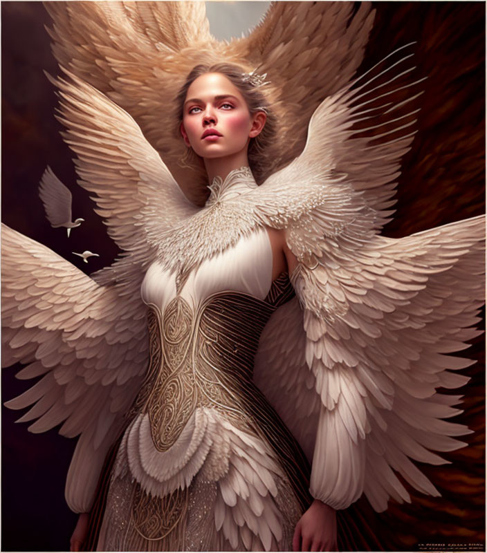 Detailed digital artwork of woman with angelic wings and ornate dress.