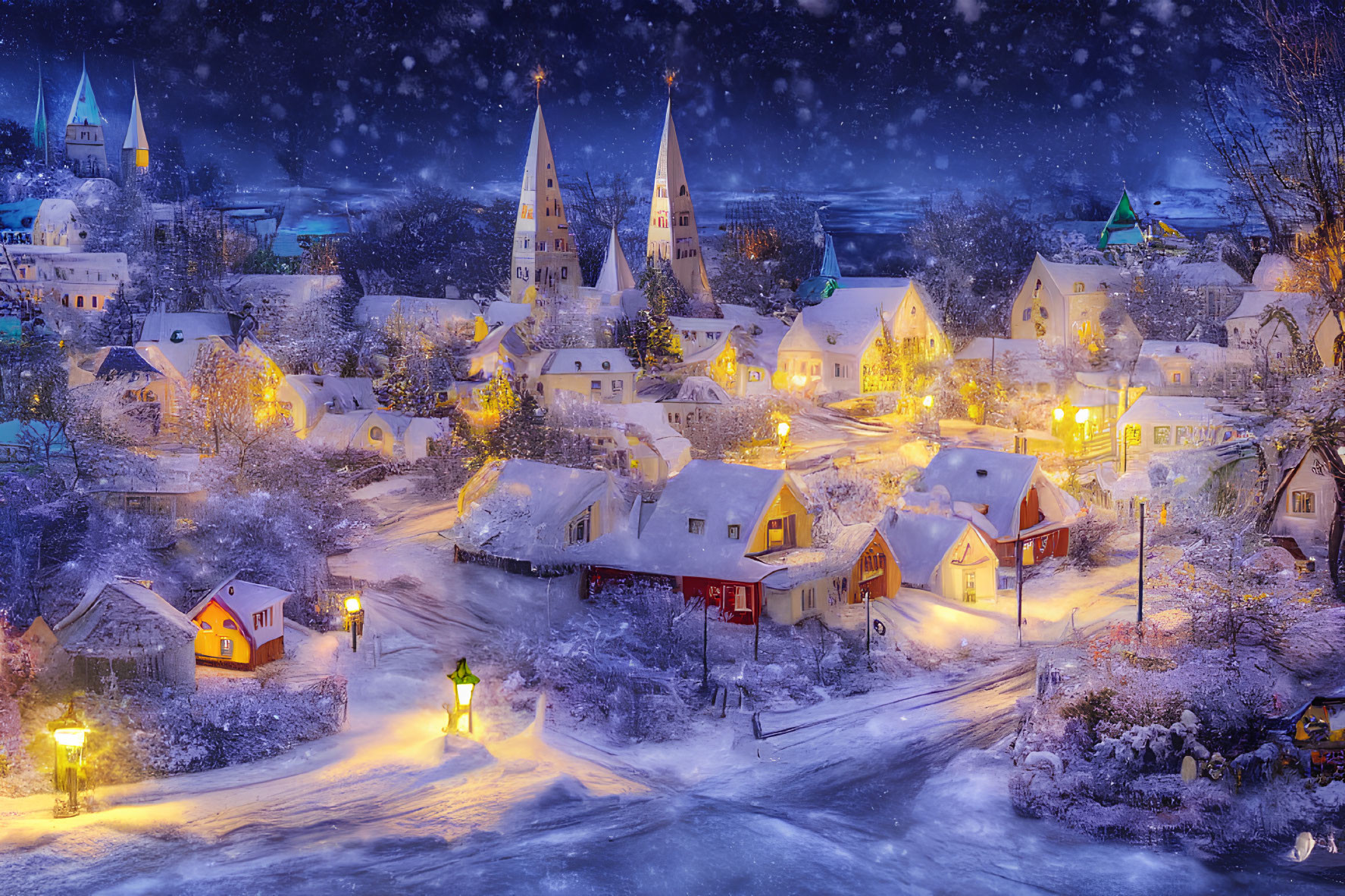 Snow-covered winter village at night with glowing houses and street lamps