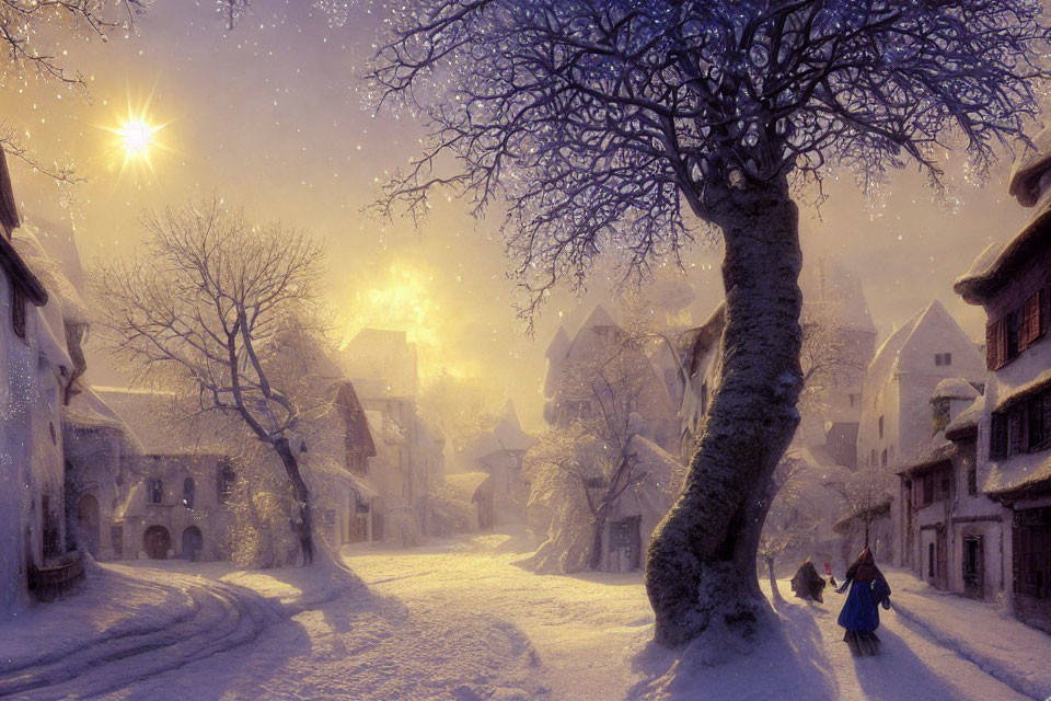 Snowy Twilight Scene in Old Village: Person Walking, Snow-Covered Houses, Warm Lights