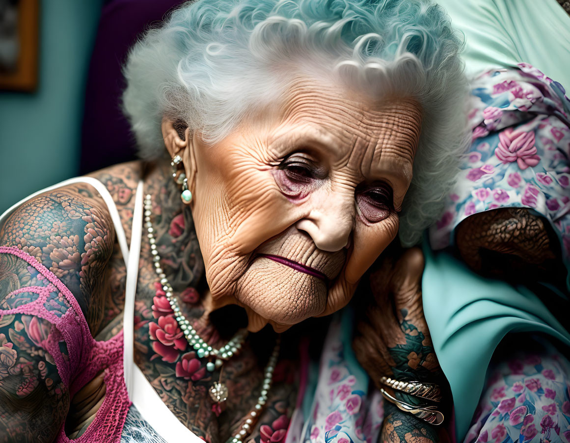 Elderly woman with blue-tinted hair and tattoos on floral couch