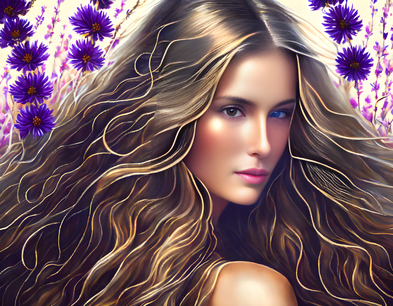 Detailed digital artwork of woman with flowing hair and purple flowers.