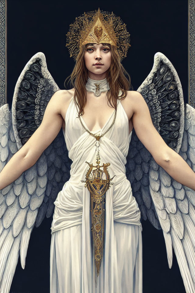 Regal figure in white with golden crown, wings spread, holding ceremonial sword