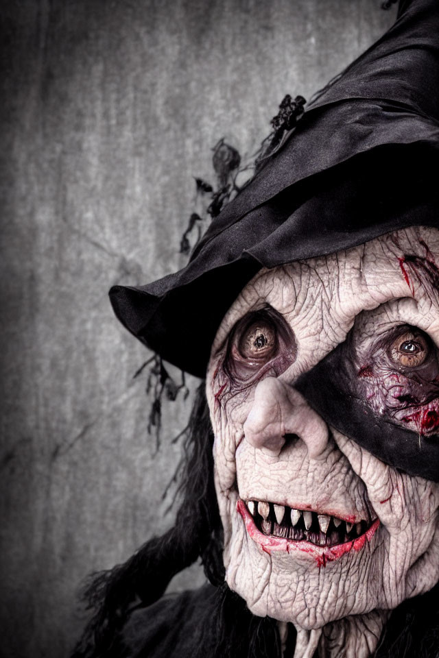 Witch makeup with wrinkled skin, red eyes, pointed teeth, and black hat on gray backdrop