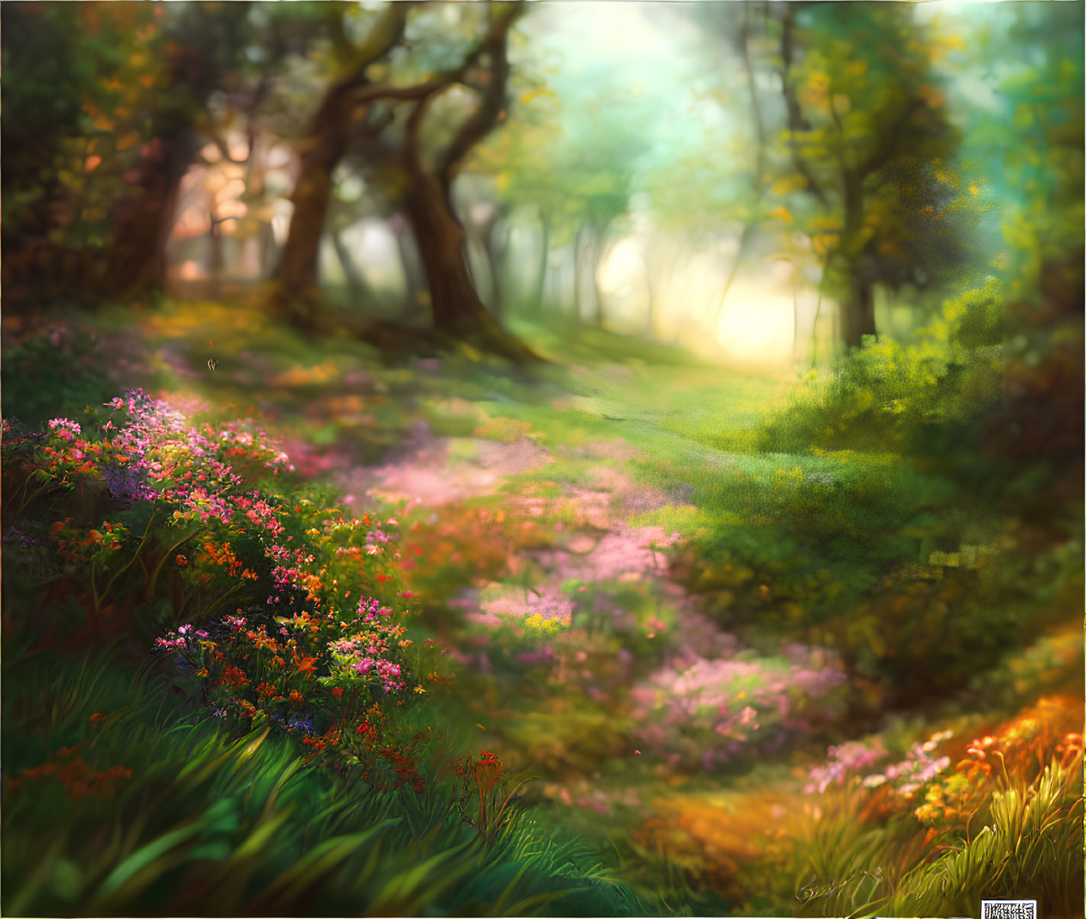 Lush forest scene with sunlight, trees, path, and wildflowers