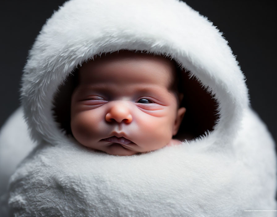 Newborn baby swaddled in soft white fabric with hood on dark background