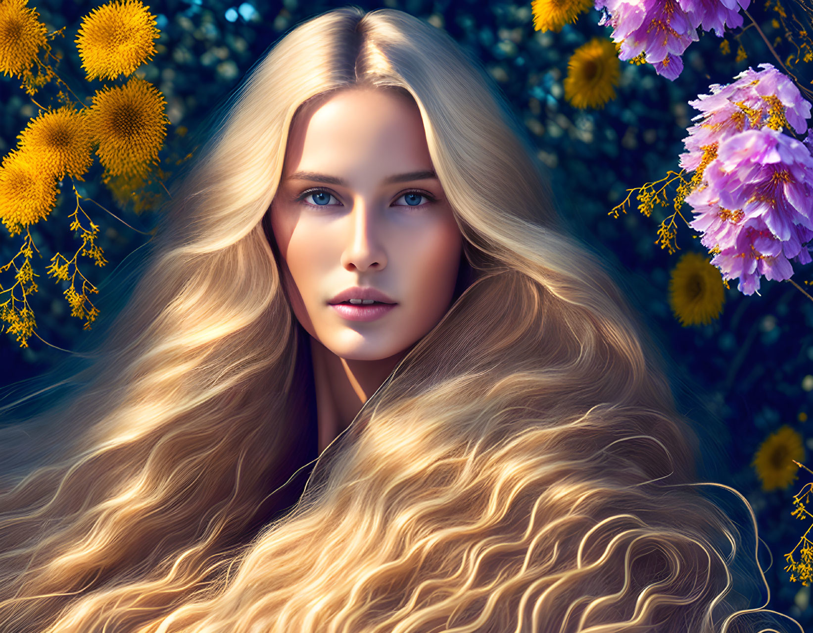 Blonde woman surrounded by vibrant flowers and mystical aura